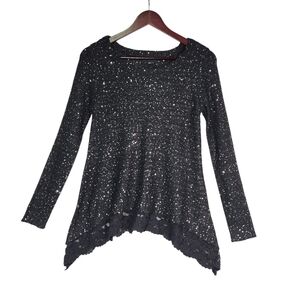 Signature Studio Women Black Sequin Sweater Top Small Lace Asymmetric Whimsigoth